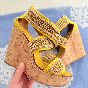 Tory Burch Yellow Wedge Espadrille Sandals with Gold Chain Detail